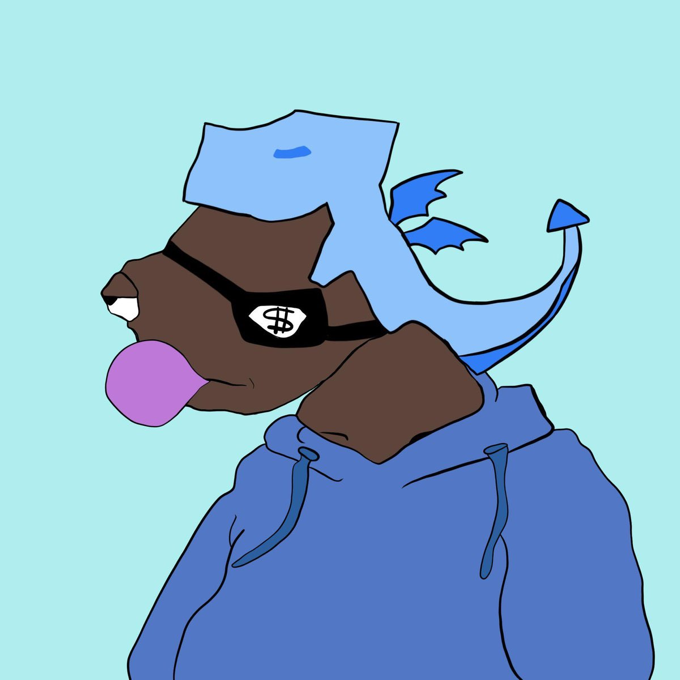 The Dexy dino: a hooded degen wearing a blue dino hat, a dollar-sign eyepatch, blowing bubblegum
